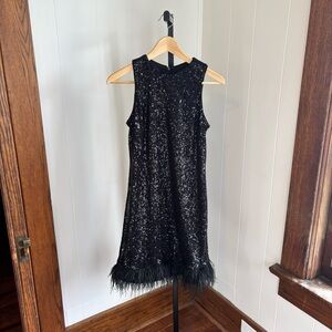 Taylor Black Sequin Feather Trim Sleeveless Midi Cocktail Dress Women’s 6 NWT
